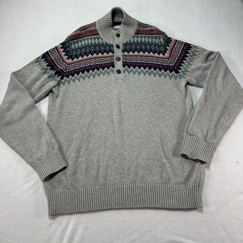 Izod Sweater Men's Medium Gray Fair Isle Pullover Nordic Winter Button Up Cotton